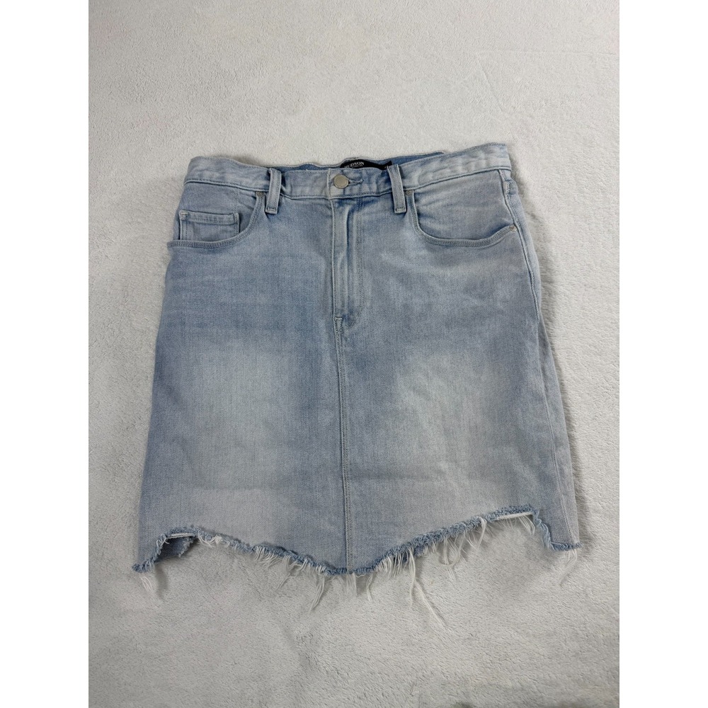 Hudson Lulu Mini Denim Skirt Womens 28 Light Blue Back Slit Raw Hem 5-Pocket - Picture 2 of 12